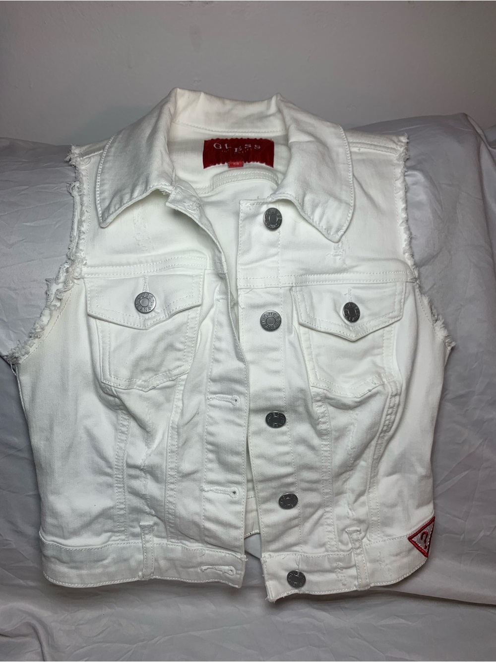Guess White Denim Jacket Vest with Red Logo Tag